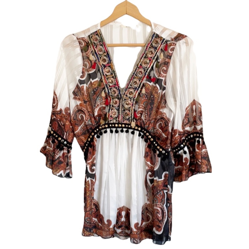 Luxe Moda boho tassel fringe V neck studded embroidered tunic blouse size S